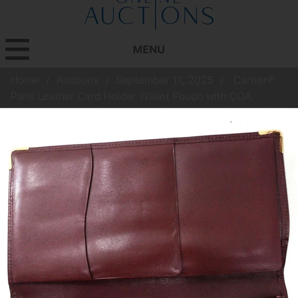 Cartier Maroon Leather Card Holder with Gold Logo with COA